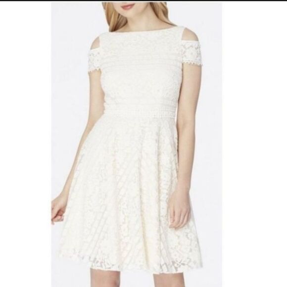 Tahari Arthur S Levine Ivory Eyelet Lace Cold Shoulder A-Line Dress - Picture 1 of 5